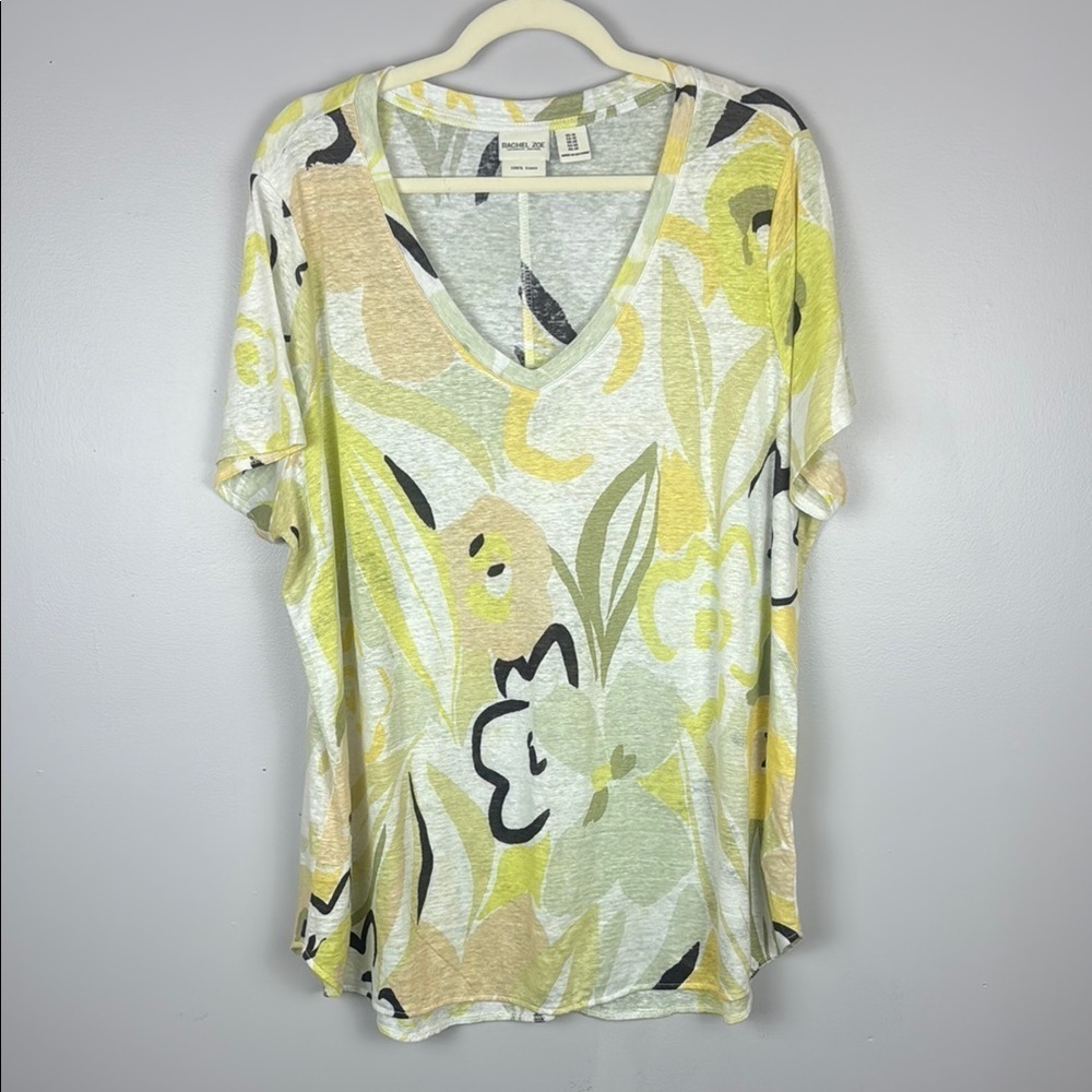 Rachel Zoe 100% Linen Floral Yellow and Cream Graphic Blouse Size 1X - Picture 2 of 9